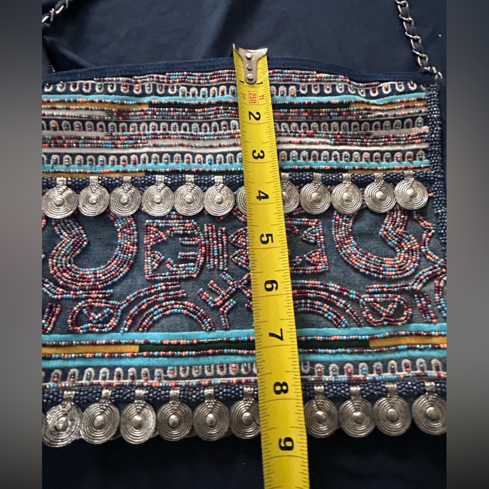 Zara Beaded Denim Crossbody Shoulder Bag Bohemian Metal Blue Hippie Boho - Picture 4 of 10
